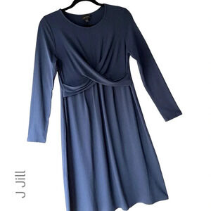 J JILL NWOT WEAREVER DRAPED FRONT LONG SLEEVE DRESS EVENING BLUE | PETITE SMALL